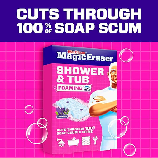 Mr. Clean Magic Eraser Sponge, Bathroom, Shower, Tub Cleaner, Soap Scum Remover, Bathroom Cleaning Supplies, Dawn Cleaning Power with Lavender Scent, Shower & Tub, 8ct