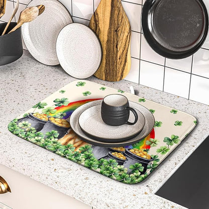 St Patricks Day Drying Mat Samll Lucky Clovers Green Kitchen Decor Counter Mats for Dog Lover