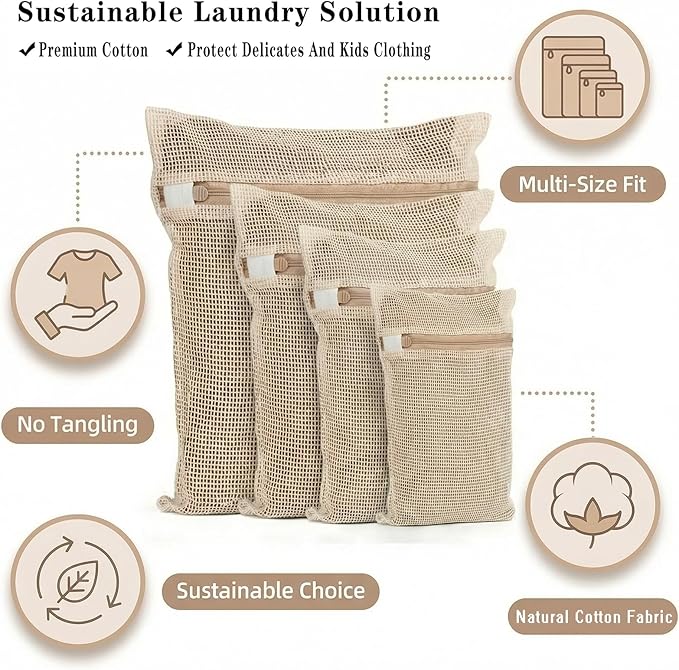 4-Piece Mesh Laundry Bags for Delicates - Premium Cotton, No Dye, Delicate Protection for Bras, Underwear, Socks & Kids Clothes with Sturdy Zippers