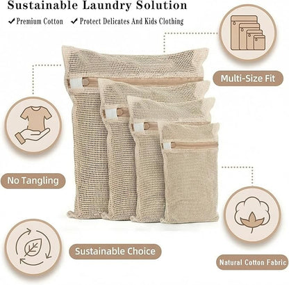 4-Piece Mesh Laundry Bags for Delicates - Premium Cotton, No Dye, Delicate Protection for Bras, Underwear, Socks & Kids Clothes with Sturdy Zippers
