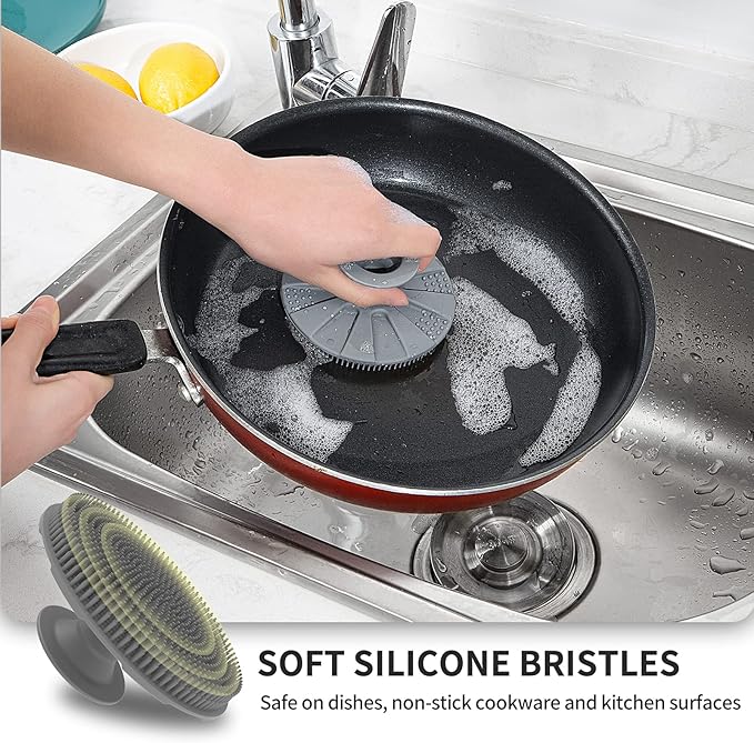 Silicone Sponge 3 Pack, BEAUTAIL Non-Scratch Scrub Sponges, for Washing Dishes and Cleaning Kitchen, Long Lasting and Reusable Dishwashing Scrubber, Suction Up Hang Designed, Black+Olive Green+Gray