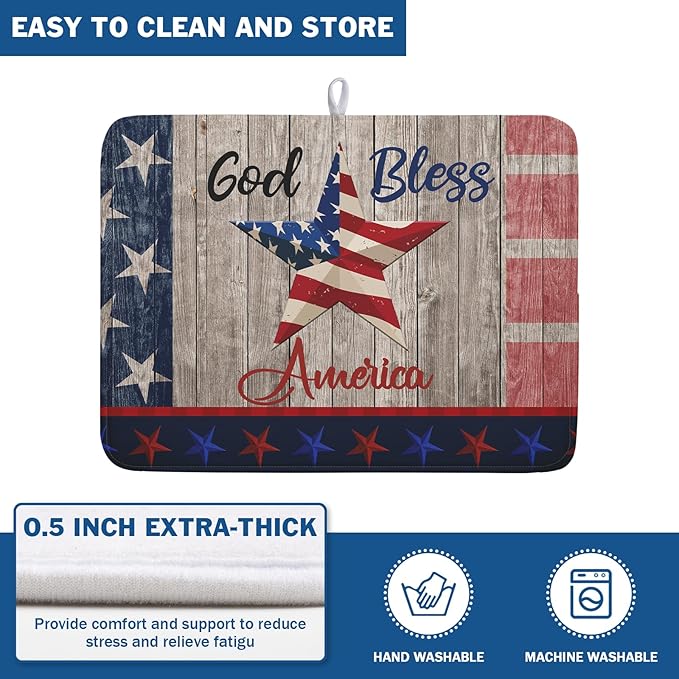 Kawani 4th of July Dish Drying Mat 18x24 Inch Patriotic God Bless America Memorial Kitchen Mats Independence Day Absorbent Dishes Pad for Kitchen Counter USA Star Drying Mat Home Decor for Countertop