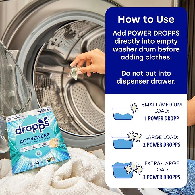 Dropps Activewear Laundry Detergent Pods, Crisp Breeze (64 Count) - Powerful Laundry Pods | Fights Sweat & Body Odors | For Synthetic Workout Clothes | Clean Ingredients | Plastic Free Packaging