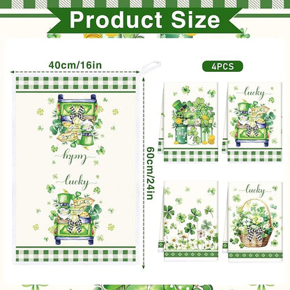 St Patricks Day Kitchen Towels, 4PCS Clover Floral Basket Dish Towels Gifts for Cooking Cleaning, Shamrock Absorbent Tea Towel with Hanging Loop for Home Decor(16 X 24 Inches)