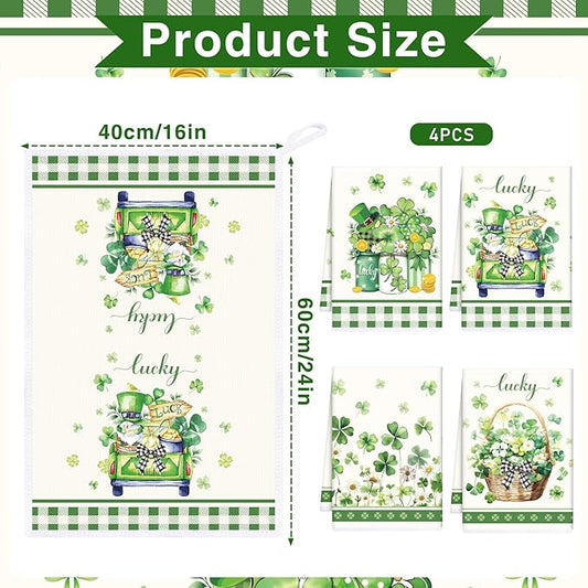 St Patricks Day Kitchen Towels, 4PCS Clover Floral Basket Dish Towels Gifts for Cooking Cleaning, Shamrock Absorbent Tea Towel with Hanging Loop for Home Decor(16 X 24 Inches)