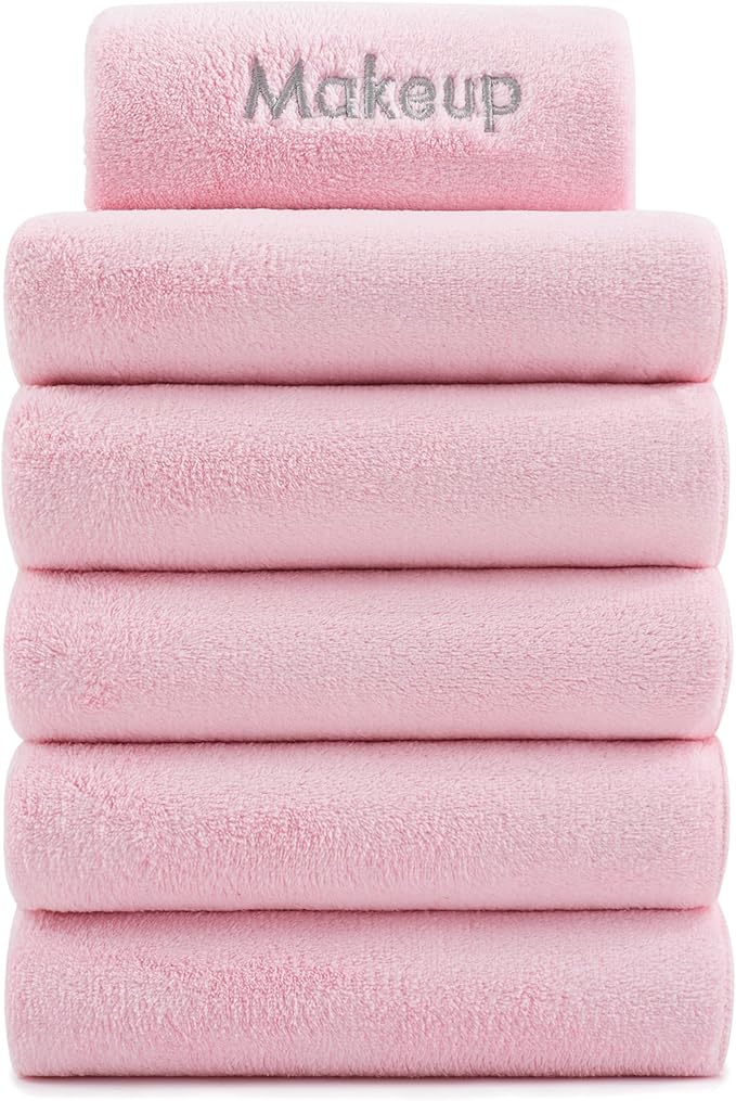 Arkwright Makeup Remover Fingertip Towels 6 Pack - Microfiber Coral Fleece Face Towels, Ultra Soft Reusable Washcloths, Gentle Facial Cleansing for Waterproof Makeup, 11 x 17, Pink