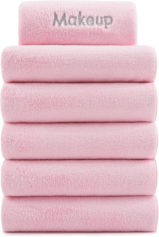 Arkwright Makeup Remover Fingertip Towels 6 Pack - Microfiber Coral Fleece Face Towels, Ultra Soft Reusable Washcloths, Gentle Facial Cleansing for Waterproof Makeup, 11 x 17, Pink