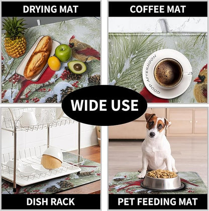 Winter Dish Drying Mat for Kitchen Counter 16x18 Inch Christmas Red Birds Drying Mats Xmas Holiday Microfiber Absorbent Dishes Drainer Mats Cardinal Dish Rack Pad
