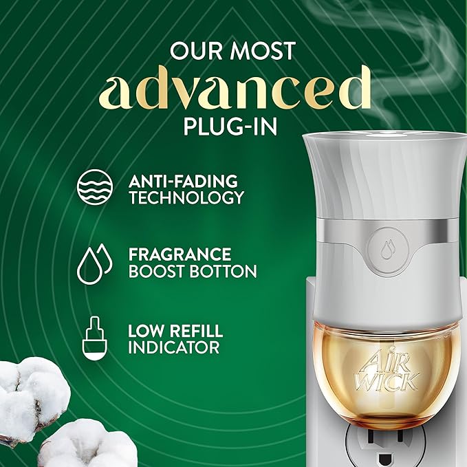 Air Wick Vibrant Plug In Scented Oil Refill, Infused with Essential Oils, Plug In Air Fresheners for Home, Cotton & White Lotus, 4 ct