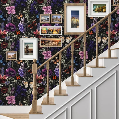 Vintage Floarl Butterfly Wallpaper Peelable, Dark Black Flower Design Self Adhesive Removable Wall Paper for Bedroom Cabinet Kitchen, Vinyl Gothic Contact Paper 17.5In x 118In Dark Colorful