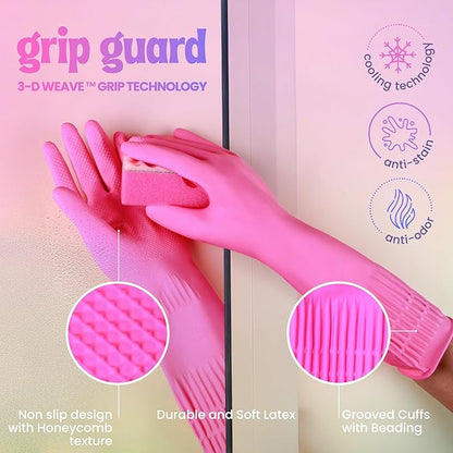 Happy Hands Rubber Cleaning Gloves – Versatile Waterproof Reusable Pink Gloves for Kitchen, Dishwashing, and Household Tasks, Hi-Tech Grip, Non-Slip, Tear-Resistant & Skin Friendly