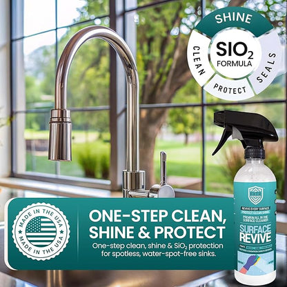 Fixture Shield Revive Kitchen and Bathroom Cleaner with SiO₂ Multi‑Surface Cleaner Spray for Home Cleaning – Streak‑Free Stainless Steel, Glass, Tile & Countertop Shine and Protectant