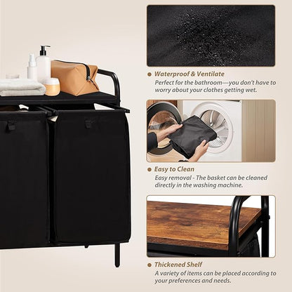 3 Section Laundry Hamper with Shelf, Laundry Basket Organizer with 3 Pull-Out Removable Bags 3×12.3Gal(46.6L), Laundry Sorter for Clothes Organization in Bedroom, Laundry Room, Black