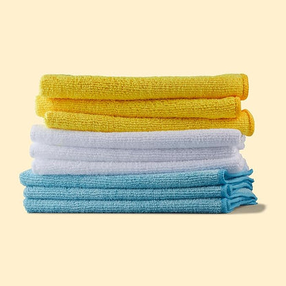 Amazon Basics Microfiber Cleaning Cloths for Cars, Non-Abrasive, Highly Absorbent, Lint and Scratch-Free, Reusable and Washable, Car Detailing Towels, 16" x 12", Blue/White/Yellow, 144-Pack