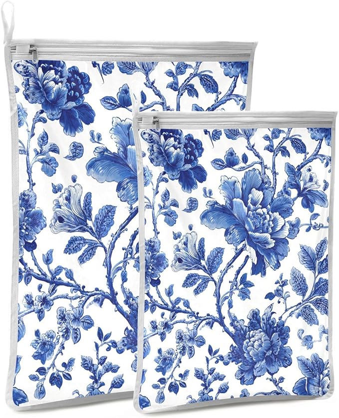 Mesh Laundry Bags Lingerie Bags for Washing Delicates 2 PCS Durable Wash Bag with Zipper Small and Medium Washable Blue and White Flowers Leaves