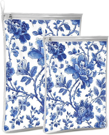 Mesh Laundry Bags Lingerie Bags for Washing Delicates 2 PCS Durable Wash Bag with Zipper Small and Medium Washable Blue and White Flowers Leaves
