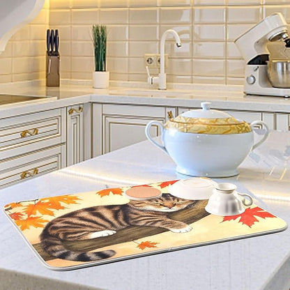 Fall Cats Dish Drying Mat for Kitchen Countertop 16x18 Autumn Maple Leaves Kitty Thanksgiving Day Small Drying Mat Reusable Quick Dry Dish Sink Mats Easy Clean Decorative Essentials