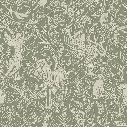 Vinjiasin Boho Safari Animal Wallpaper, Green Neutral Tone Jungle Leopard Zebra Bird Peel and Stick Wallpaper,Waterproof Contact Paper for Nursery Bedroom Living Room Home Decor 17.7" x 78.7"