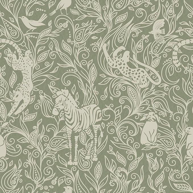 Vinjiasin Boho Safari Animal Wallpaper, Green Neutral Tone Jungle Leopard Zebra Bird Peel and Stick Wallpaper,Waterproof Contact Paper for Nursery Bedroom Living Room Home Decor 17.7" x 197"