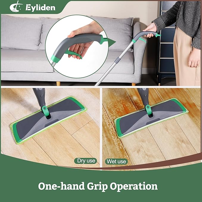 Eyliden Spray Mop with Bio-Enzyme Cleaner - Floor Mop for Hardwood, Tile & All Floors | Breaks Down Grease & Odors Naturally | 360° Swivel, 2 Washable Pads, 40ml Cleaner, Long-Lasting Freshness
