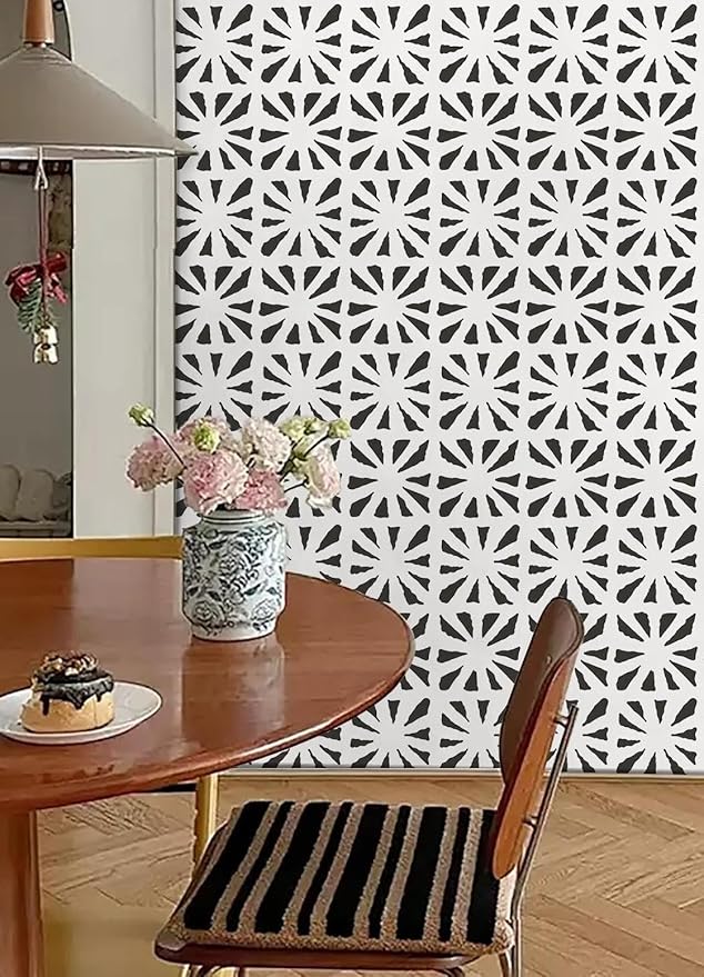 Dimoon 17.3''x78.7'' Peel and Stick Wallpaper Modern Black White Boho Contact Paper Geometric Vintage Thickening Embossed Cream Self Adhesive Renter Friendly Wall Paper for Bedroom Bathroom Vinyl Roll