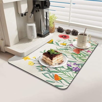 LOKHOM Dish Drying Mat for Kitchen Counter, 12"x20" Absorbent Coffee Bar Mat with Spring Floral, Dish Drainer Rack Mat for Kitchen Counter Coffee Maker, Dining Room Decoration
