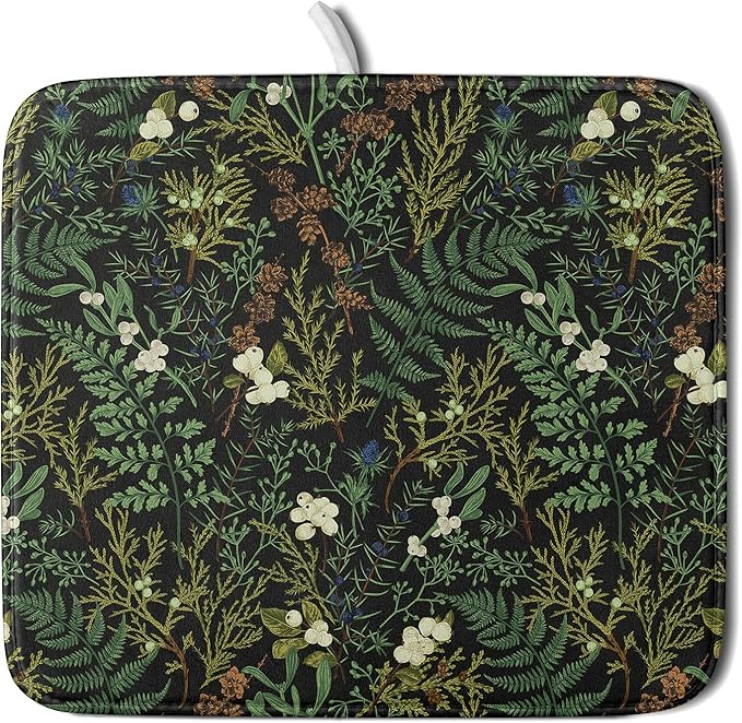 Black Sage Green Plant Dish Drying Pad 16 x 18 Inch with Absorbent Reversible Microfiber Vintage Botanical Fern Leaves Floral Drying Mats For Kitchen Counter Dining Room Decoration