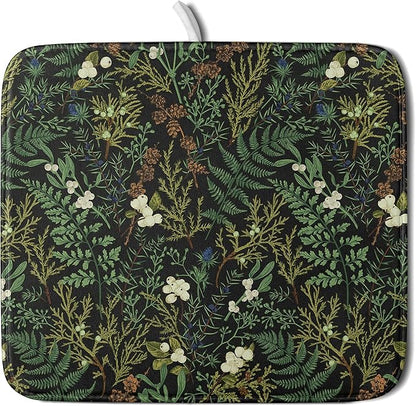 Black Sage Green Plant Dish Drying Pad 16 x 18 Inch with Absorbent Reversible Microfiber Vintage Botanical Fern Leaves Floral Drying Mats For Kitchen Counter Dining Room Decoration