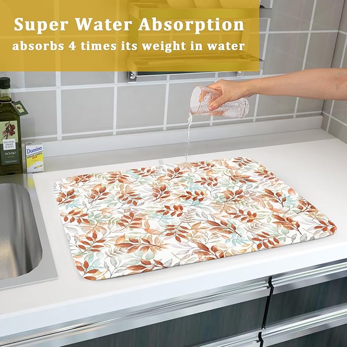 Fall Dish Drying Mat for Kitchen Counter 18x24 Burnt Orange Leaves Autumn Harvest Theme Thanksgiving Absorbent Reversible Microfiber Drying Mats Kitchen Countertop Protector Dishes Drainer Pad
