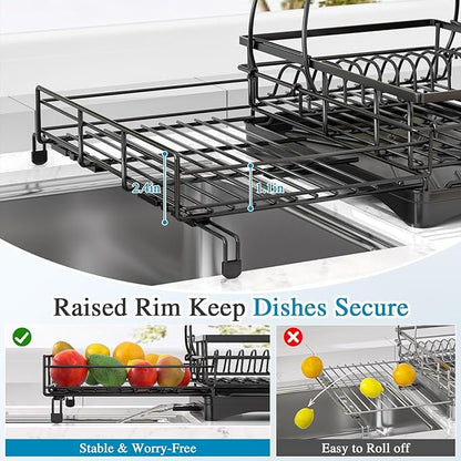 2 Tier Dish Drying Rack, Large Extendable Dish Racks for Kitchen Counter or Over Sink, Dishrack with Drainboard, 2-in-1 Anti-Rust Stainless Steel Dish Drainer with Utensil Holder & Cup Holder (Black)