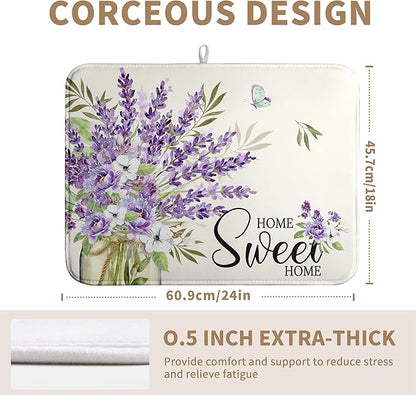 Spring Lavender Floral Dish Drying Mats Spring Summer Dish Mat Purple Flowers Butterfly Drying Matt Dishes Dryer Pad for Kitchen Counter Absorbent Microfiber Washable Foldable Reusable 18x24 in