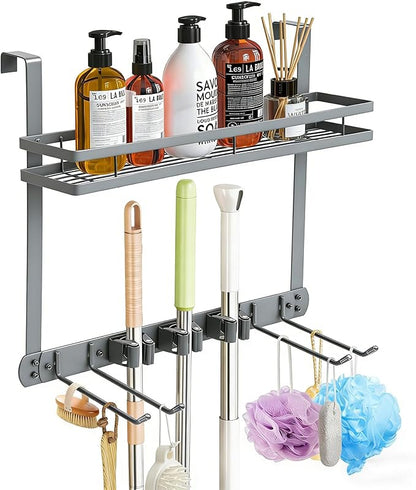 Broom Holder Door Mount,Door Mounted Broom and Mop Holder with Dual Tool Hooks, Three Slots, and One Tool Storage Basket For Laundry Room, Garage, Closet, warehouse, Kitchen Decor (grey)