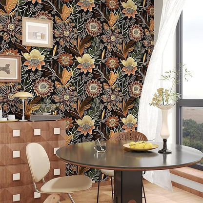 Laatse Boho Wallpaper Peel and Stick Dark Floral Wallpaper for Cabinet Vintage Contact Paper Waterproof Self Adhesive Removable Modern Wall Paper for Bedroom Stair Bathroom 17.5in x393in