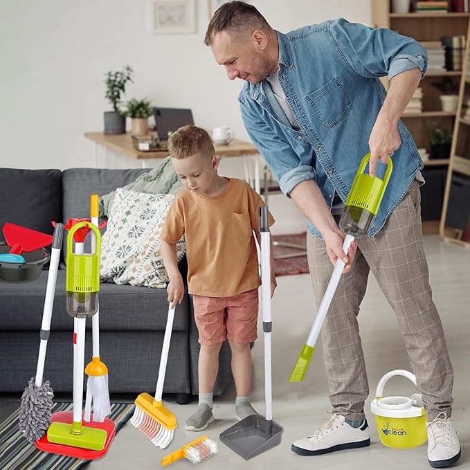Kids Cleaning Toys Set,14PCS Toddler Cleaning Toys with Broom and Dustpan Mop Set, 2in1 Vacuum That Really Works,Toddler Vacuum Cleaner, Pretend Play Cleaning Supplies for Boys Girls Age 3-8 (Red)