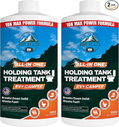Holding Tank Treatment 32 oz – 10X Max Power RV Black Tank Cleaner, All-In-One Waste Digester & Odor Removal, Septic & Sensor Safe, California Compliant RV Black Tank Treatment for Campers