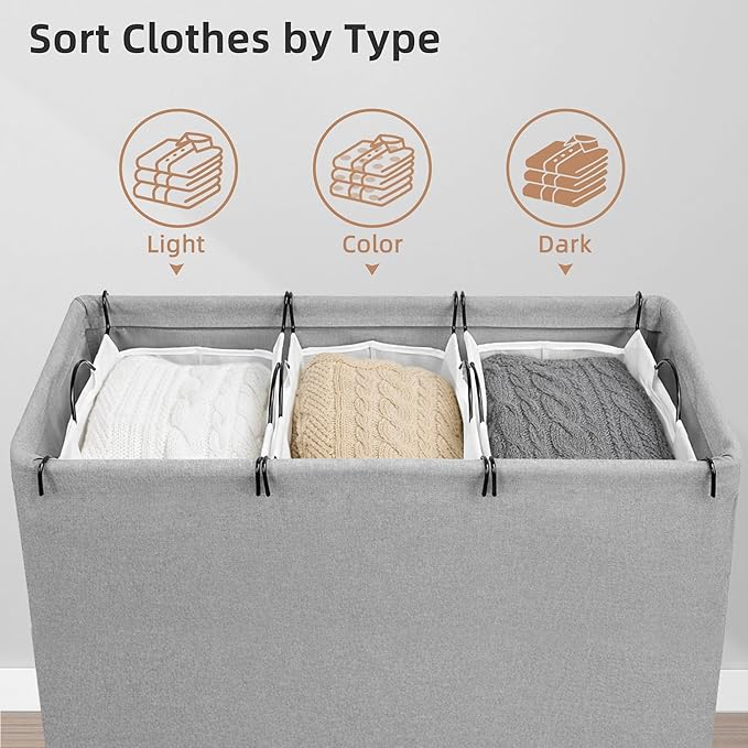 STORAGE MANIAC Triple Laundry Hamper with Lid, 180L Tall Metal Frame Laundry Baskets with Removeable Bag, Large Clothes Hamper with PU Tag, Laundry Bin for Dorm, Collage, Bathroom, Bedroom, Gray