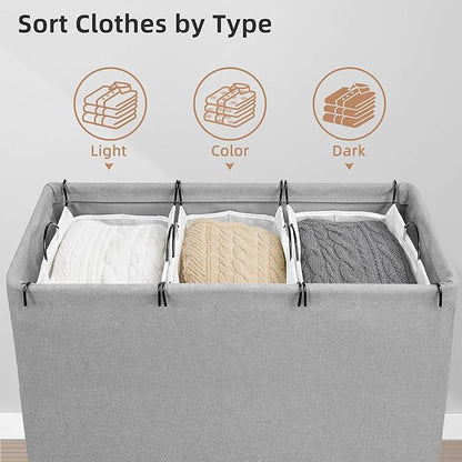 STORAGE MANIAC Triple Laundry Hamper with Lid, 180L Tall Metal Frame Laundry Baskets with Removeable Bag, Large Clothes Hamper with PU Tag, Laundry Bin for Dorm, Collage, Bathroom, Bedroom, Gray