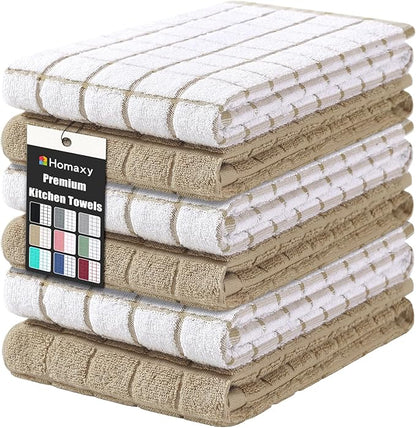Homaxy Premium Cotton Kitchen Towels 16"x 28", Large Natural Ring Spun 390 GSM Dish Towels, Super Absorbent Terry Kitchen Hand Towels, Soft Tea Towels with Hanging Loop, Tan Check Design, 6 Pack