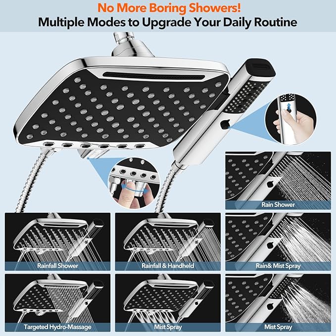 High Pressure Rain Shower Head, 7 Spray Modes Rain Shower Heads with Handheld Spray Combo, Dual Showerhead with 10 Inch Rainfall Spray, Detachable Hand Held Shower, Stainless Steel Hose, Power Wash