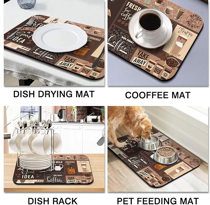 Dish Drying Mat for Kitchen Counter 2 Pack with Non-Slip Rubber Backing - Heat-Resistant Absorbent Coffee Bar Mat, Dish Rack Mat, Coffee Dish Drying Mats 18x24+19.5x12 inch