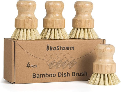 4 Pack Bamboo Dish Brush, Dish Scrubber Brush with Sisal Bristle, Natural Scrub Brush for Kitchen Cleaning Dishes, Pots, Pans, Bottles, Vegetables