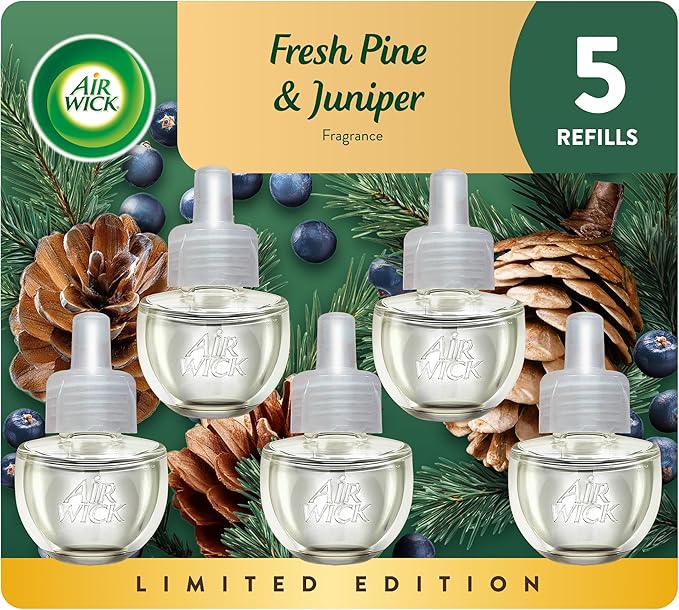 Air Wick Plug-In Scented Oil Refill, 5 Ct, Fresh Pine and Juniper, Air Freshener, Essential Oils, Fall Scent, Fall Décor