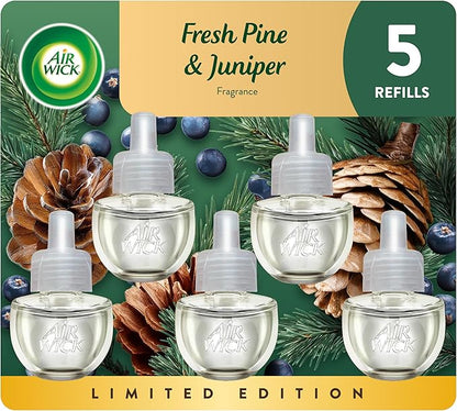 Air Wick Plug-In Scented Oil Refill, 5 Ct, Fresh Pine and Juniper, Air Freshener, Essential Oils, Fall Scent, Fall Décor