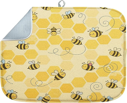 Sanwarm Absorbent Dish Drying Mat, Honey Baby Cute Yellow Bees Microfiber Pad for Kitchen Counter, Coffee Bar Decor, Heat Resistant and Reversible, 16" x 18"