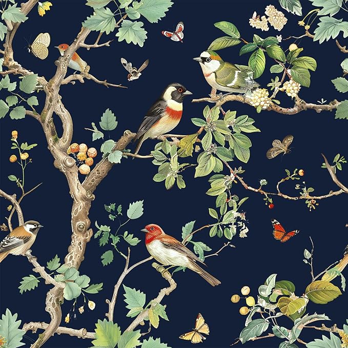 Nukofal Dark Bird Peel and Stick Wallpaper Vintage Floral Contact Paper 16.9inch x 118.1inch Dark Floral Wallpaper Peel and Stick Boho Self Adhesive Removable Wall Paper for Cabinets Bathroom Decor