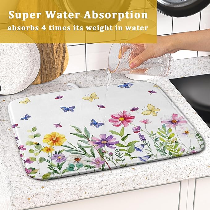 Wildflower Dish Drying Mat for Kitchen 18x16 Inch Colorful Floral Butterfly Drying Mat with Absorbent Reversible Microfiber Season Spring Dish Drainer Mats Rack Pad for Coffee Countertop Protector