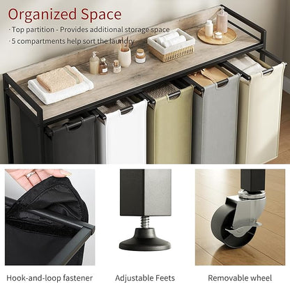 Laundry Hamper with Shelf, Laundry Basket 5 Section, Laundry Sorter with Pull-Out Removable Large 5 Color Bags and Movable Wheels, Metal Frame, 5 x 15.87 Gallons (60L), Greige PF08XLZ