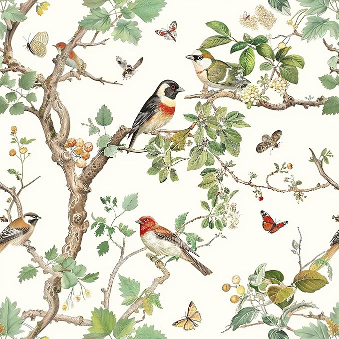 Nukofal Vintage Bird Peel and Stick Wallpaper Floral Birds Contact Paper 16.9inch x 393.7inch Butterflies Leaf Wallpaper Peel and Stick Self Adhesive Removable Wallpaper for Bathroom Walls Decor