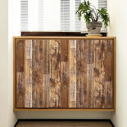 Yun-aeon Brown Wood Peel and Stick Wallpaper 17.3" X 80"Coffee Brown PVC Self Adhesive Wood Wall Peel and Stick Paper for Wall Covering Furniture Countertop Kitchen Christmas DIY