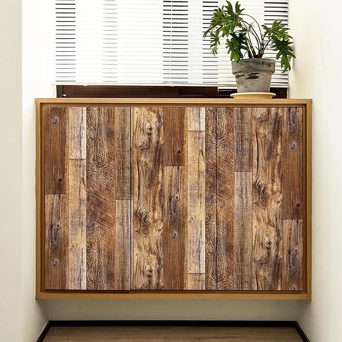 Yun-aeon Brown Wood Peel and Stick Wallpaper 17.3" X 1200"Coffee Brown PVC Self Adhesive Wood Wall Peel and Stick Paper for Wall Covering Furniture Countertop Kitchen Christmas DIY